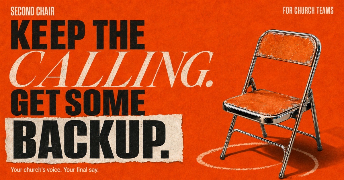 Second Chair: Keep the calling. Get some backup. An orange folding chair on an orange background.